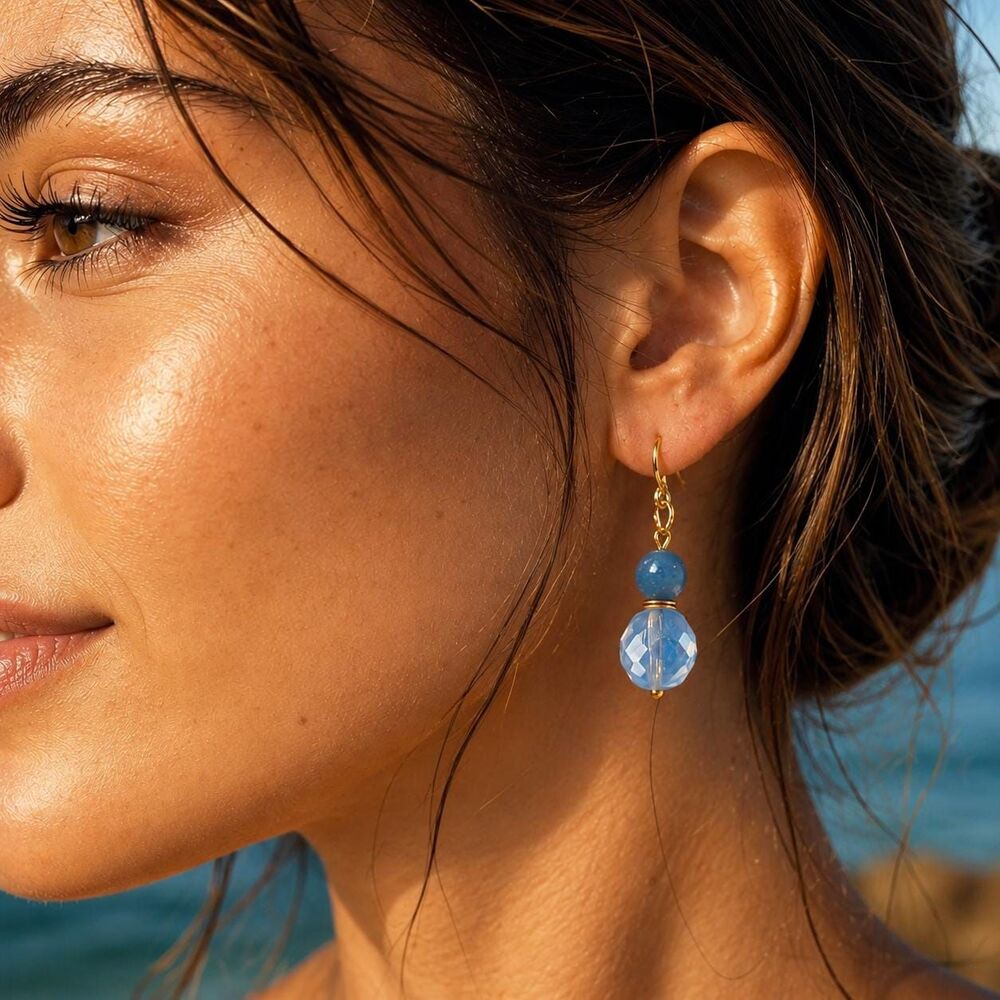 Icy Blue Glass & Aventurine Earrings, Coastal Gold Dangle Earrings